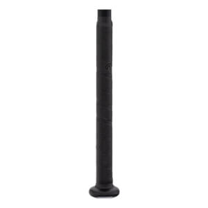 Close-up of black baseball bat handle with textured wrapped grip, subtle R logo, and black knob.