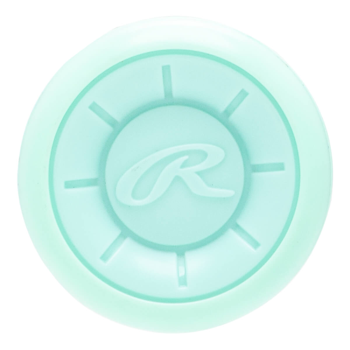 Top-down view of a light blue bat end cap with a raised Rawlings R logo and radial lines.