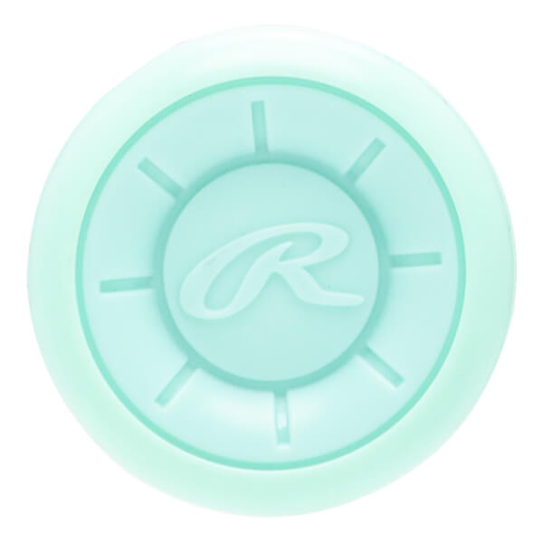 Top-down view of a light blue bat end cap with a raised Rawlings R logo and radial lines.