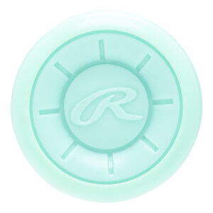 Top-down view of a light blue bat end cap with a raised Rawlings R logo and radial lines.
