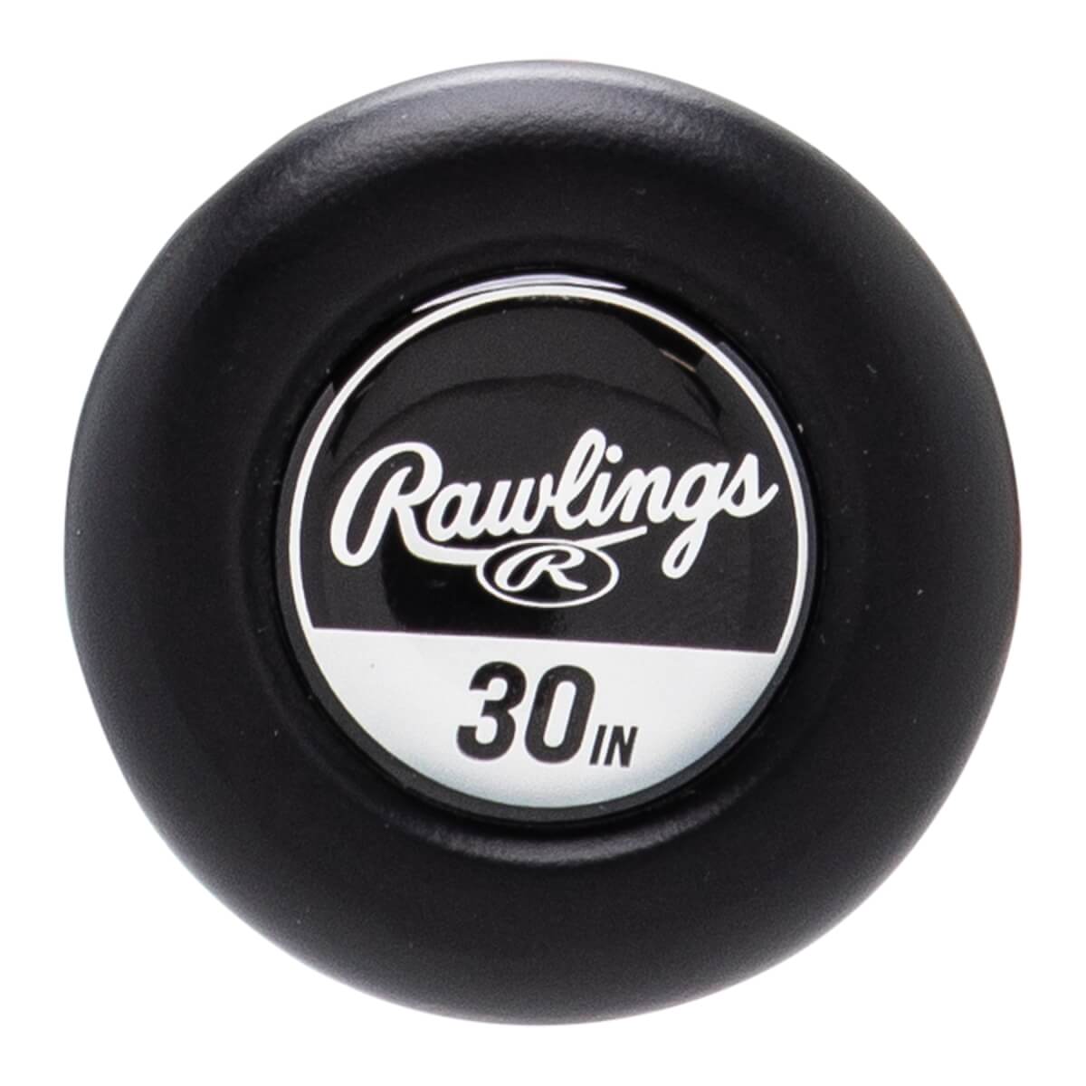 Top-down view of a black baseball bat end cap with a white Rawlings logo and 30 IN printed.