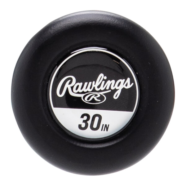 Top-down view of a black baseball bat end cap with a white Rawlings logo and 30 IN printed.