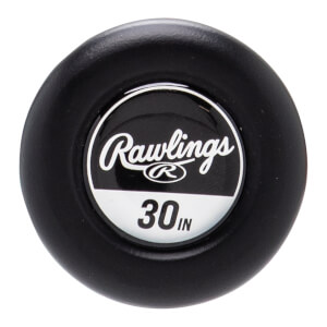 Top-down view of a black baseball bat end cap with a white Rawlings logo and 30 IN printed.
