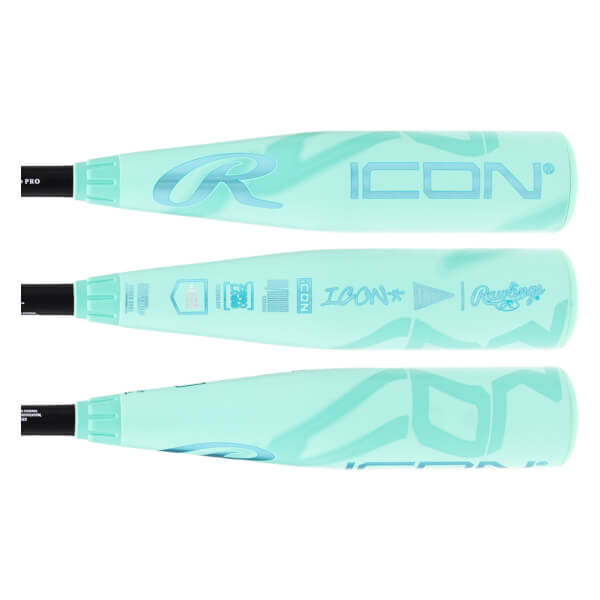 Multiple side views of an aqua baseball bat with Rawlings and ICON logos and a black handle.
