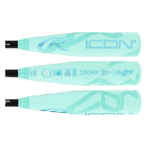 Multiple side views of an aqua baseball bat with Rawlings and ICON logos and a black handle.