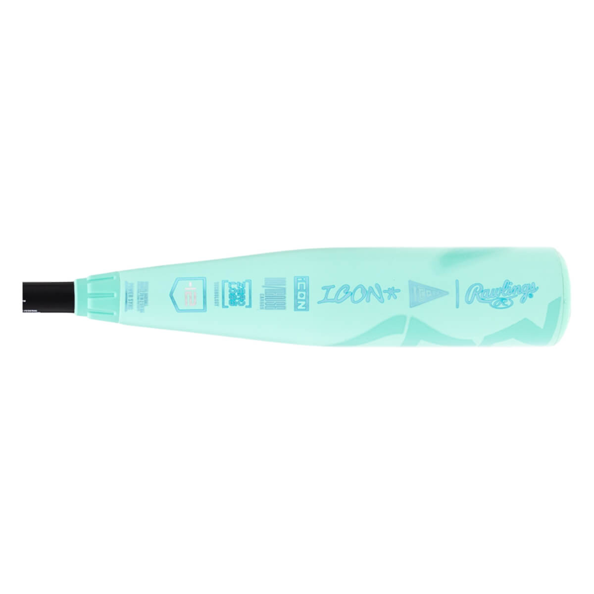 Side view of a light aqua baseball bat with a black end cap, ICON text, and Rawlings logo.