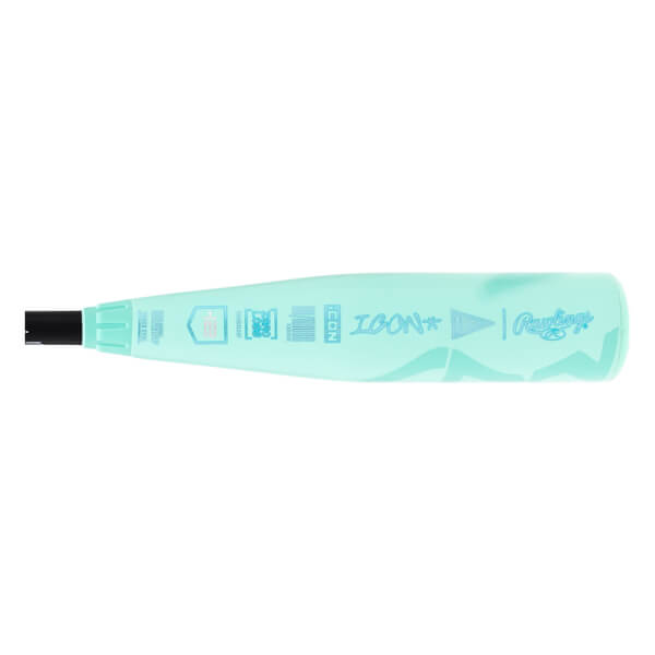 Side view of a light aqua baseball bat with a black end cap, ICON text, and Rawlings logo.