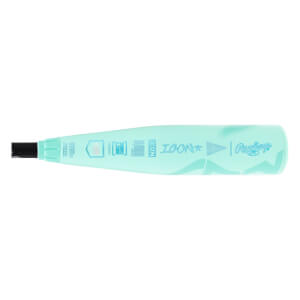 Side view of a light aqua baseball bat with a black end cap, ICON text, and Rawlings logo.