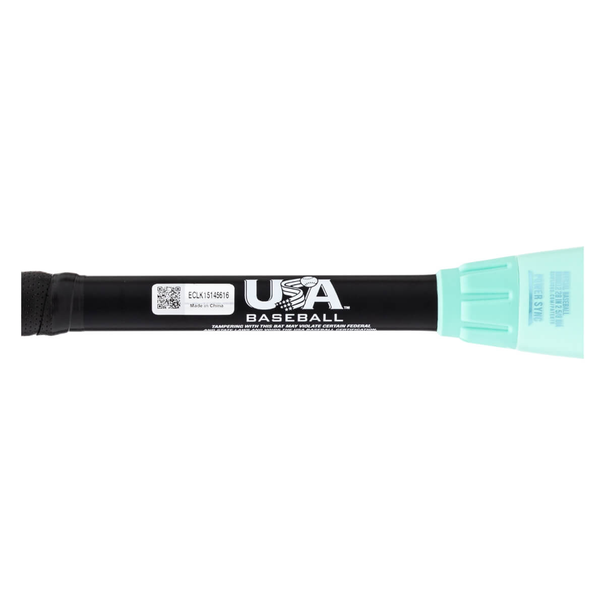 Close-up of black baseball bat handle with a textured grip, USA Baseball logo, and a light blue end cap.