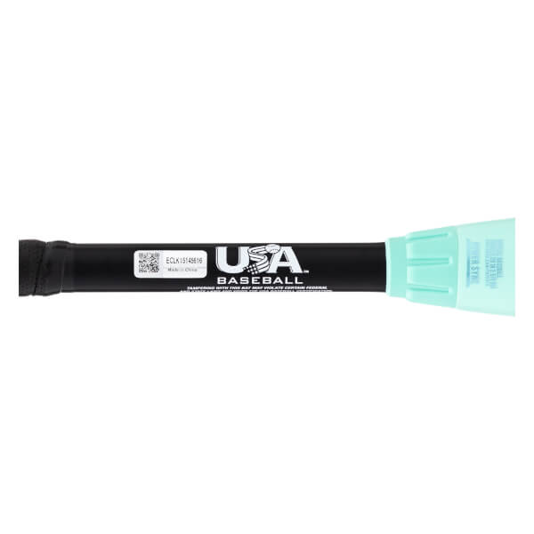 Close-up of black baseball bat handle with a textured grip, USA Baseball logo, and a light blue end cap.
