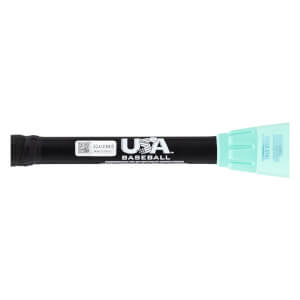 Close-up of black baseball bat handle with a textured grip, USA Baseball logo, and a light blue end cap.