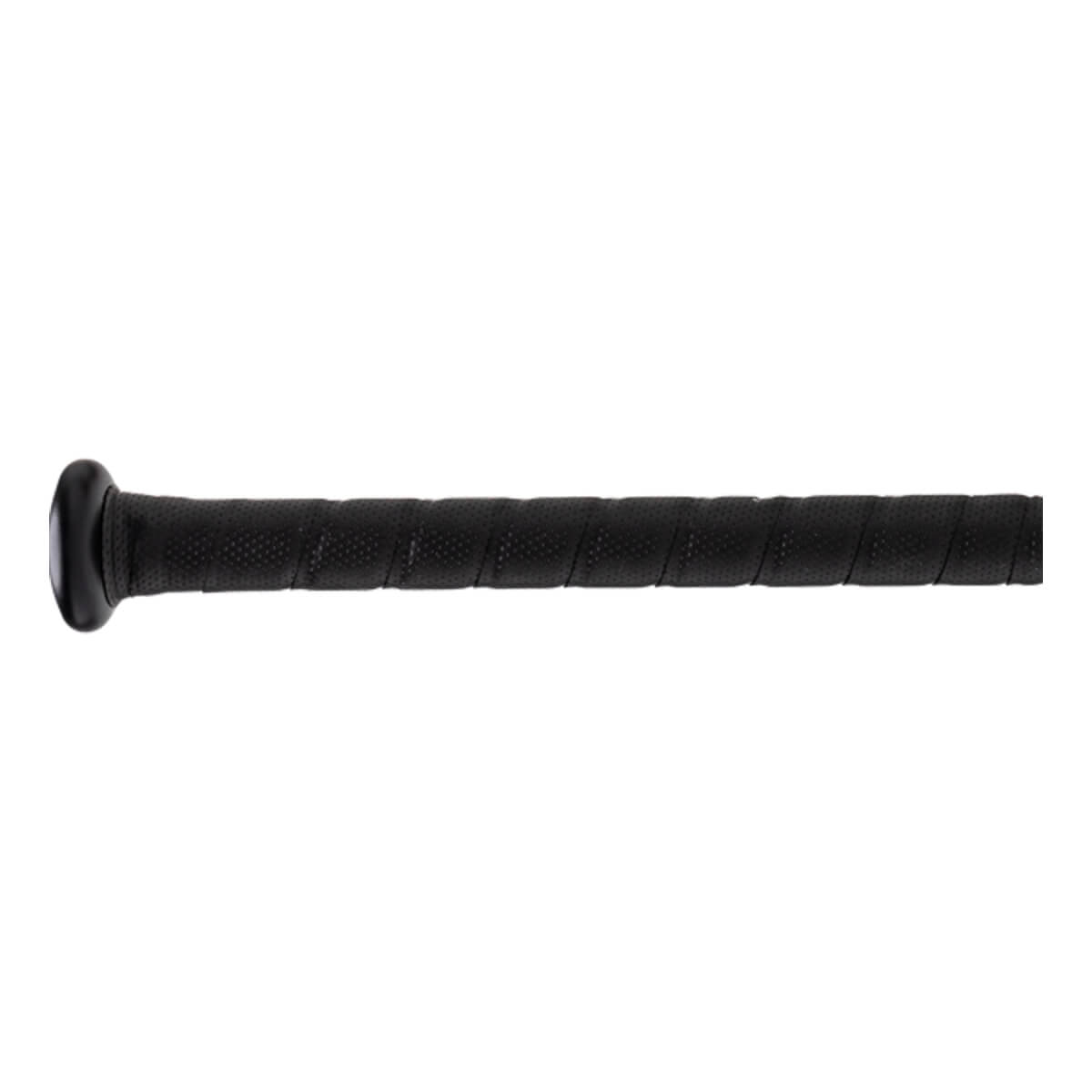 Side view of a black baseball bat handle with a textured, spirally wrapped grip and a rounded knob.