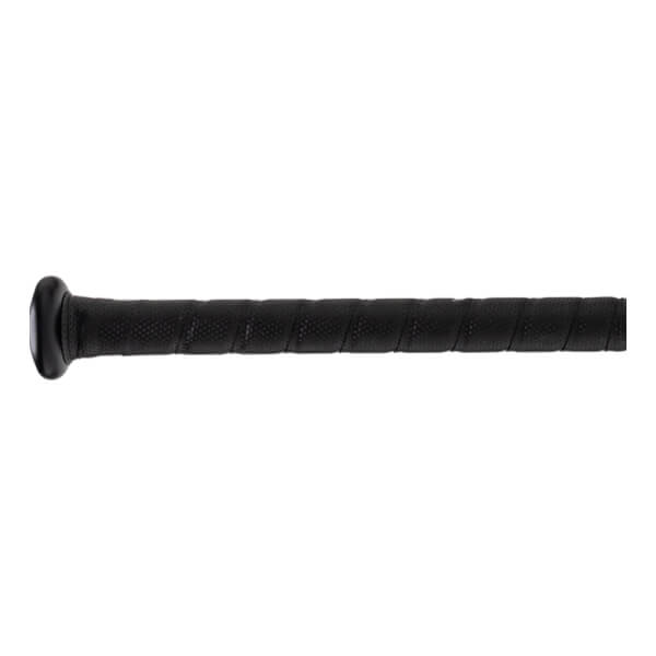 Side view of a black baseball bat handle with a textured, spirally wrapped grip and a rounded knob.