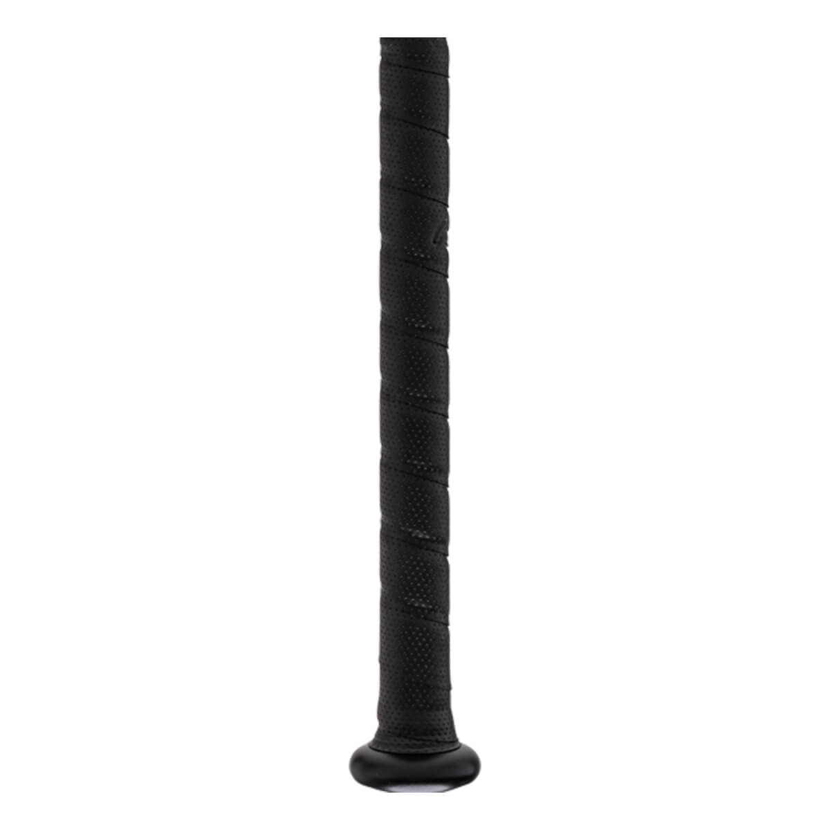 Close-up of a black baseball bat handle with textured grip tape and a rounded knob.