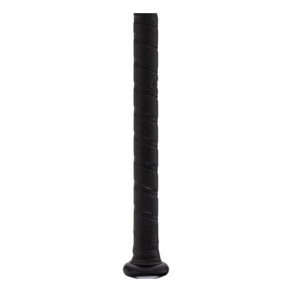 Close-up of a black baseball bat handle with textured grip tape and a rounded knob.