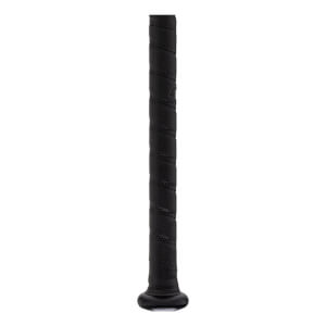 Close-up of a black baseball bat handle with textured grip tape and a rounded knob.