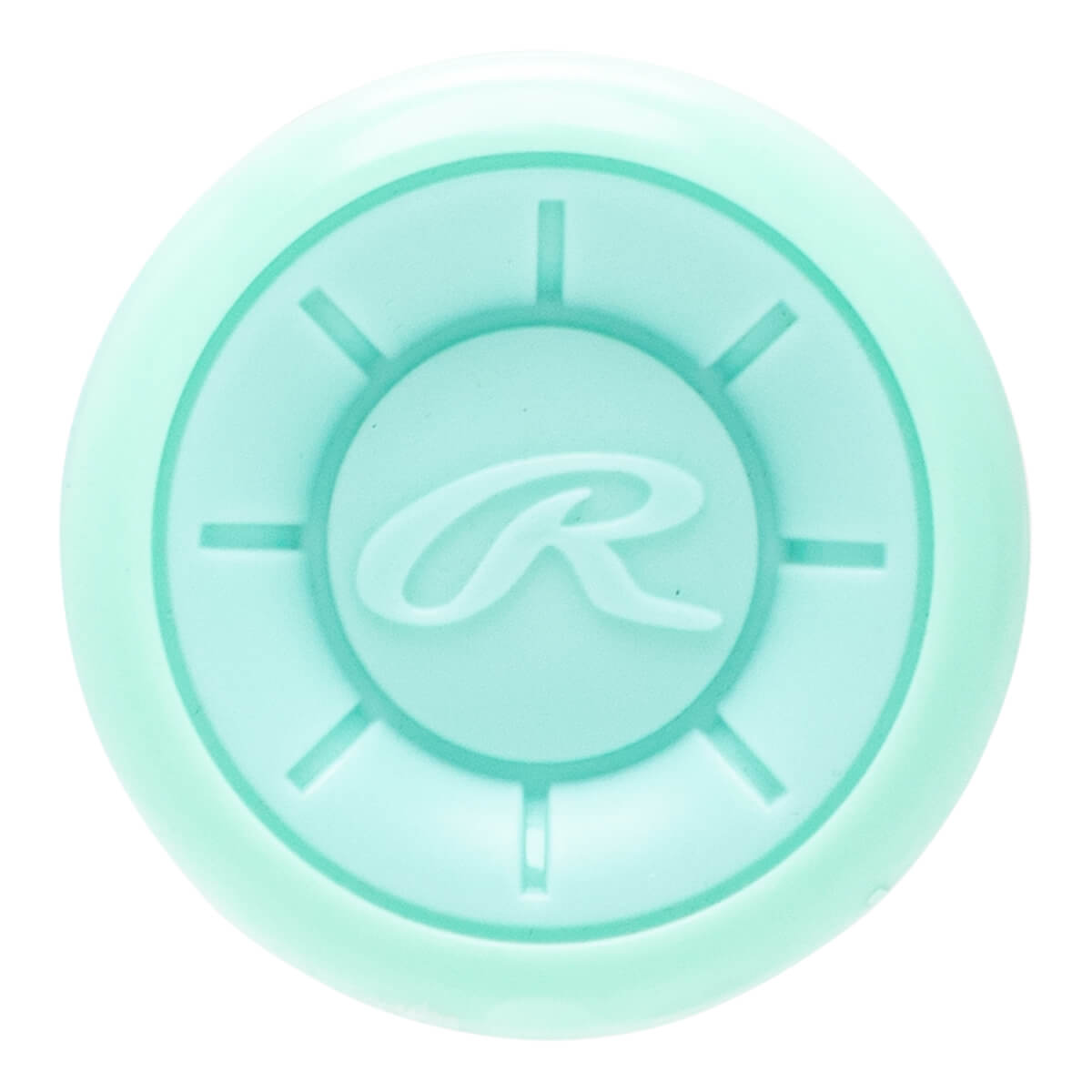 Top-down view of a mint green baseball bat end cap with a raised Rawlings R logo and radial lines.