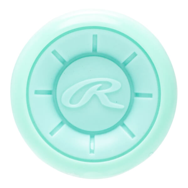 Top-down view of a mint green baseball bat end cap with a raised Rawlings R logo and radial lines.