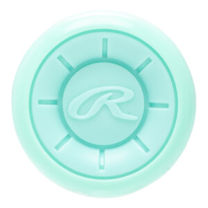 Top-down view of a mint green baseball bat end cap with a raised Rawlings R logo and radial lines.
