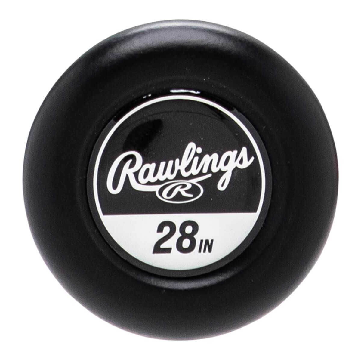 Top-down close-up of a black baseball bat end cap with a white Rawlings logo and 28 IN text.