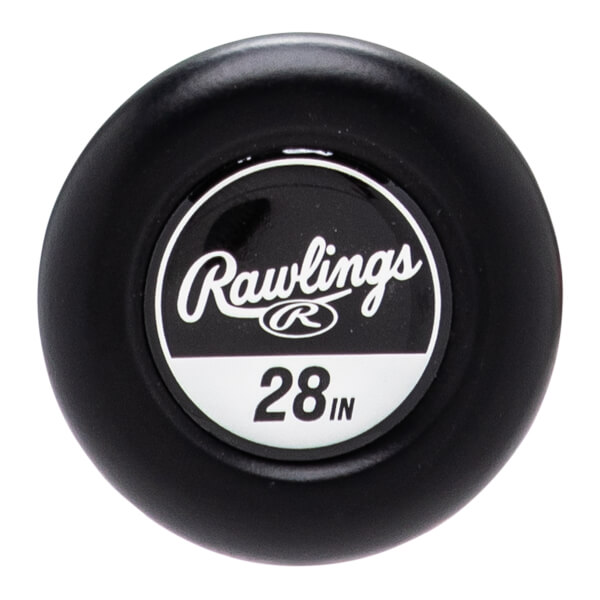 Top-down close-up of a black baseball bat end cap with a white Rawlings logo and 28 IN text.