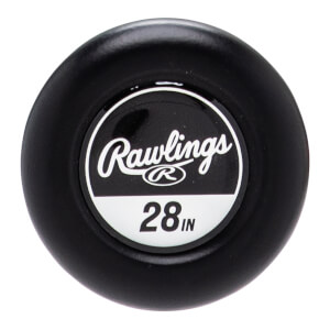 Top-down close-up of a black baseball bat end cap with a white Rawlings logo and 28 IN text.