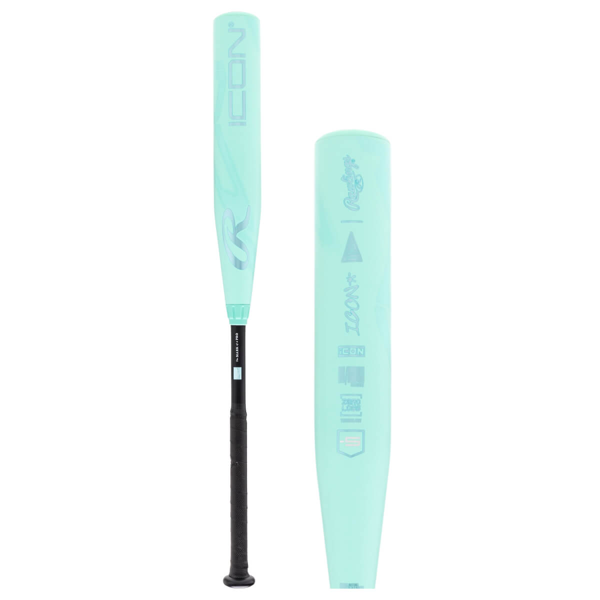 Overall view and barrel detail of mint green baseball bat with ICON branding, black grip, and Rawlings logo.
