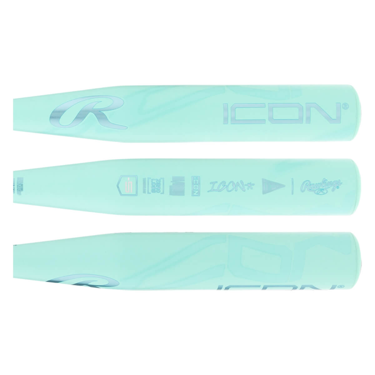 Three side views of a light teal baseball bat with Rawlings branding, ICON text, and USA Baseball certification.