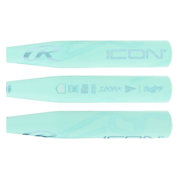Three side views of a light teal baseball bat with Rawlings branding, ICON text, and USA Baseball certification.