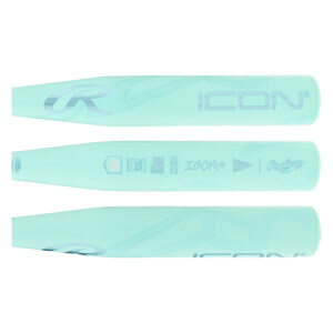 Three side views of a light teal baseball bat with Rawlings branding, ICON text, and USA Baseball certification.