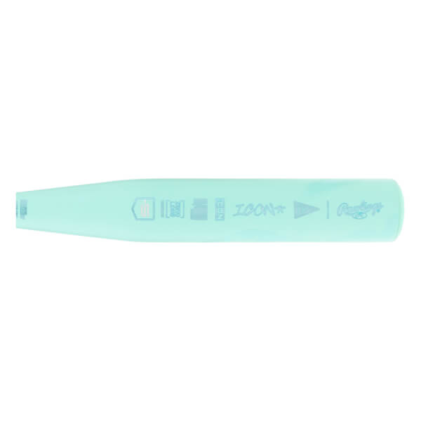 Side view of a light blue baseball bat barrel with ICON text, Rawlings logo, and USA Baseball stamp.