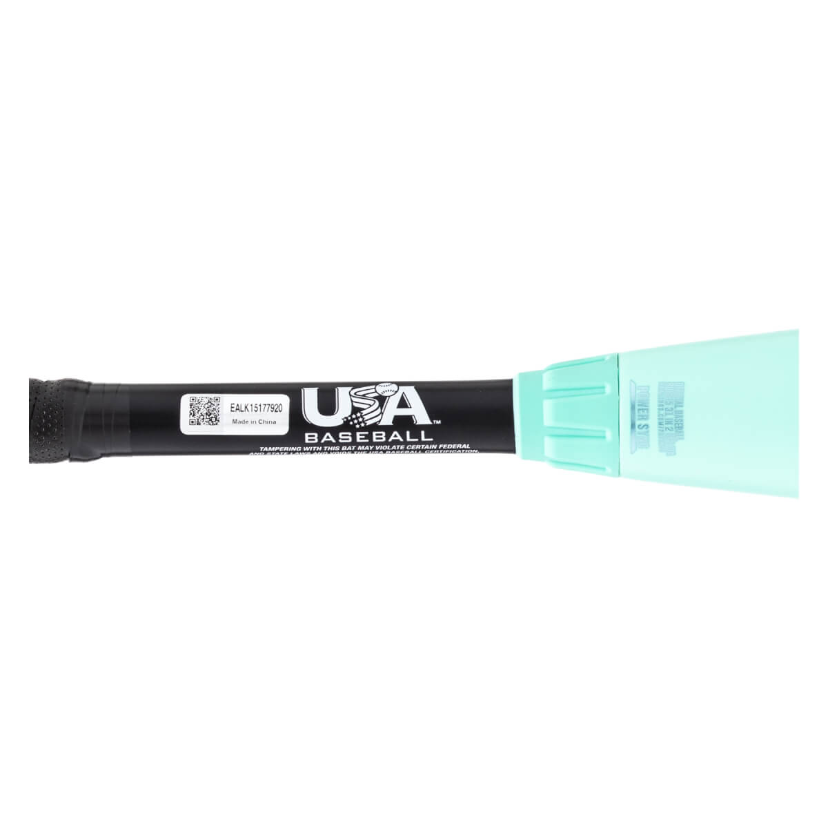 Side close-up of a black baseball bat with a textured grip, white USA BASEBALL logo, and light green taper.