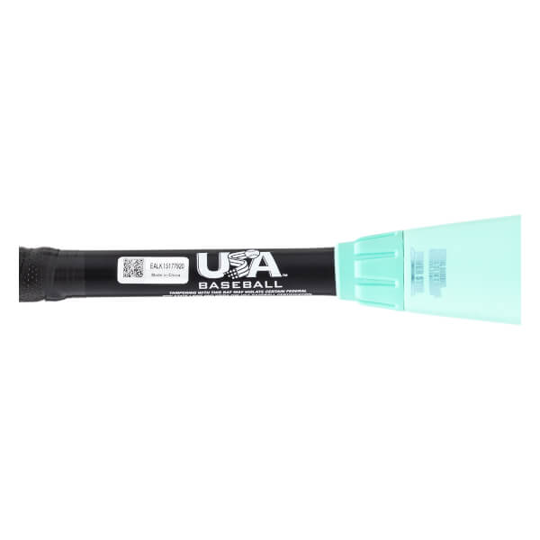 Side close-up of a black baseball bat with a textured grip, white USA BASEBALL logo, and light green taper.