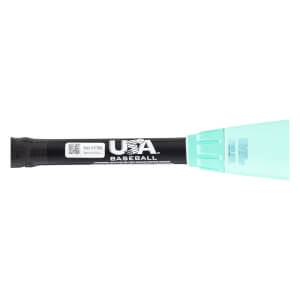 Side close-up of a black baseball bat with a textured grip, white USA BASEBALL logo, and light green taper.