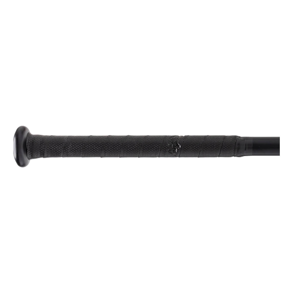 Close-up side view of a black baseball bat handle with textured grip tape, a black knob, and a small logo detail.