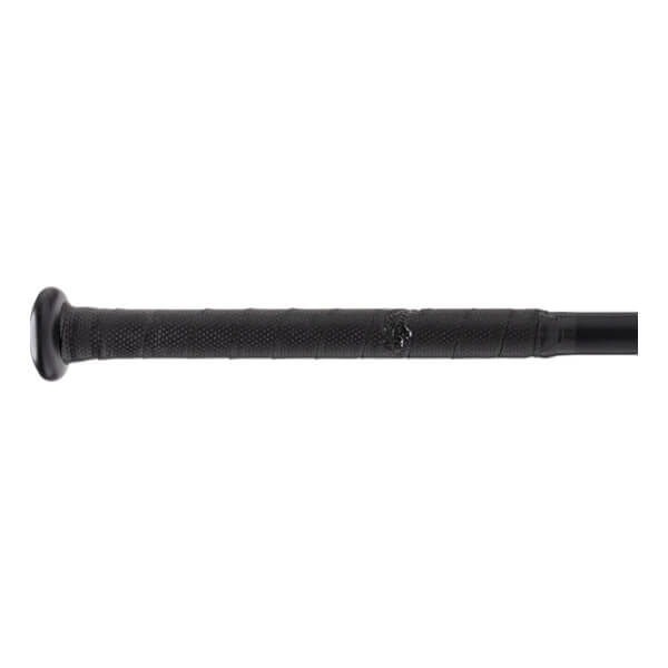 Close-up side view of a black baseball bat handle with textured grip tape, a black knob, and a small logo detail.