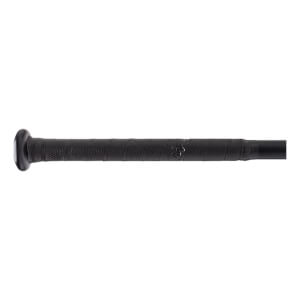 Close-up side view of a black baseball bat handle with textured grip tape, a black knob, and a small logo detail.