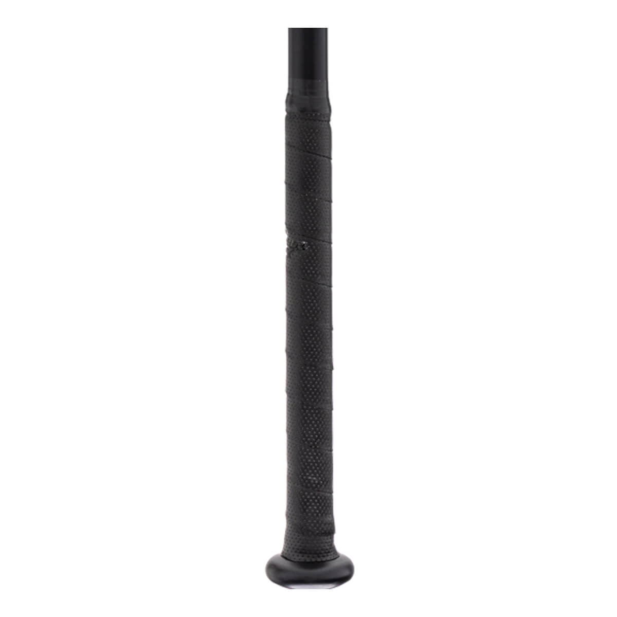 Close-up of a black baseball bats handle with textured grip tape and a rounded knob.