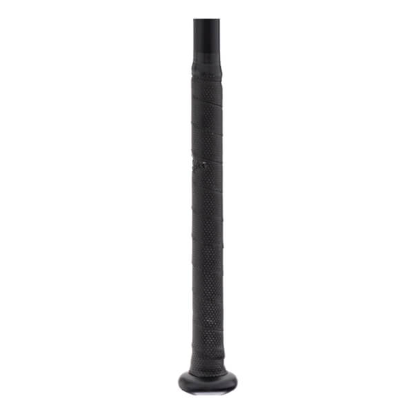 Close-up of a black baseball bats handle with textured grip tape and a rounded knob.