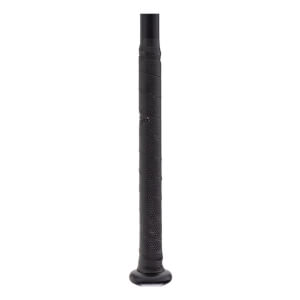 Close-up of a black baseball bats handle with textured grip tape and a rounded knob.