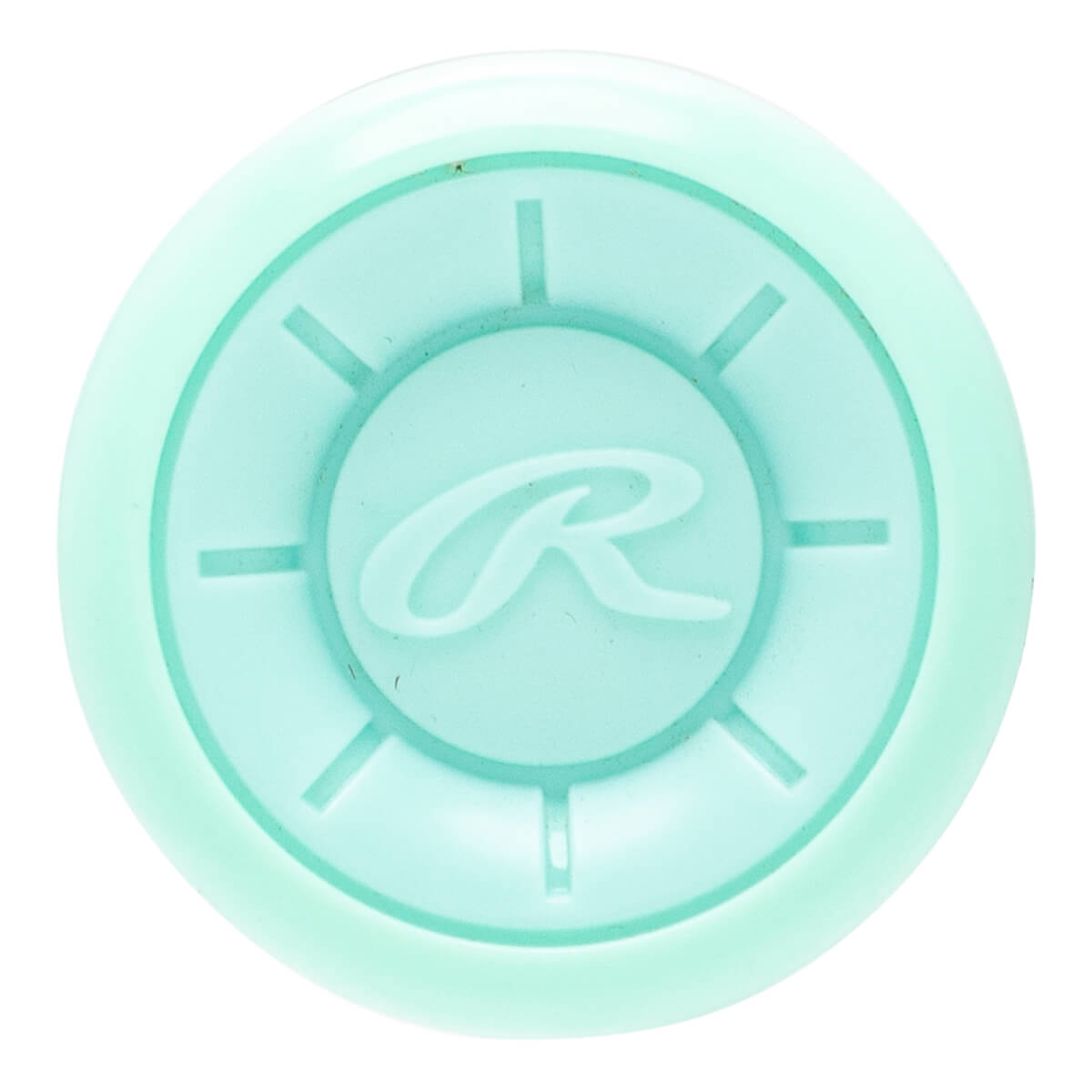 Top-down view of a light teal bat end cap with a raised Rawlings R logo and radial line design.
