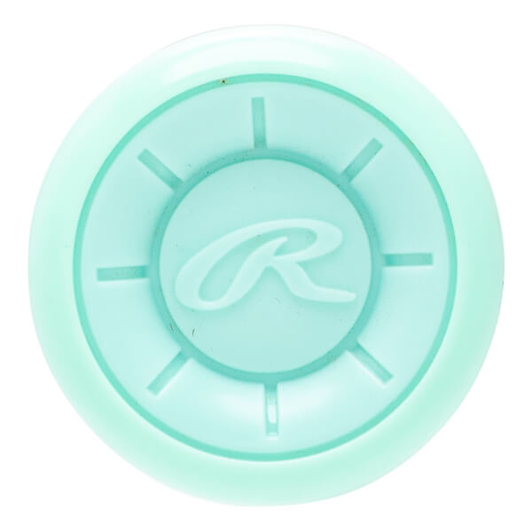 Top-down view of a light teal bat end cap with a raised Rawlings R logo and radial line design.