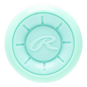 Top-down view of a light teal bat end cap with a raised Rawlings R logo and radial line design.