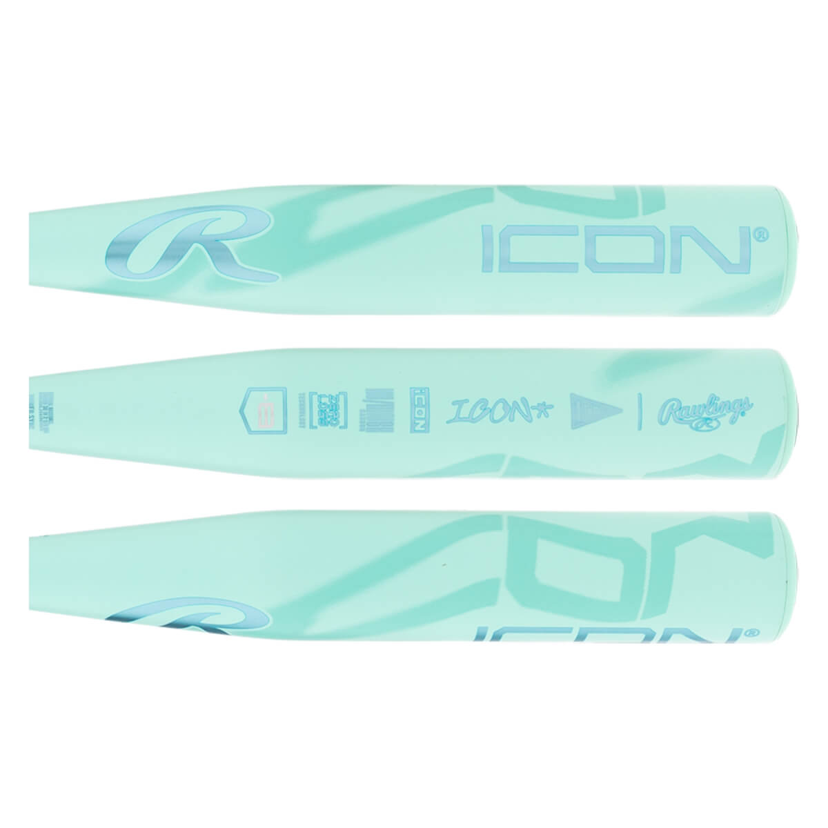Layout view of a mint green baseball bat with R logo, ICON text, and Rawlings logo.