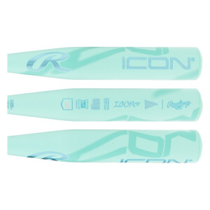 Layout view of a mint green baseball bat with R logo, ICON text, and Rawlings logo.