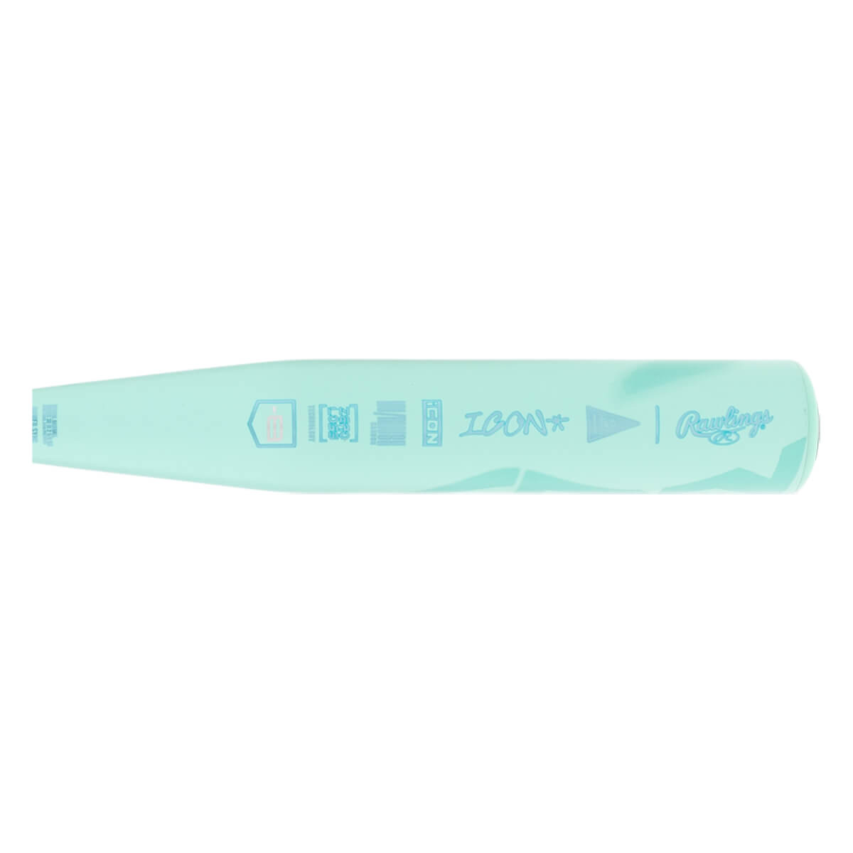 Side view of a mint green baseball bat with ICON text, Rawlings logo, and various graphic symbols.