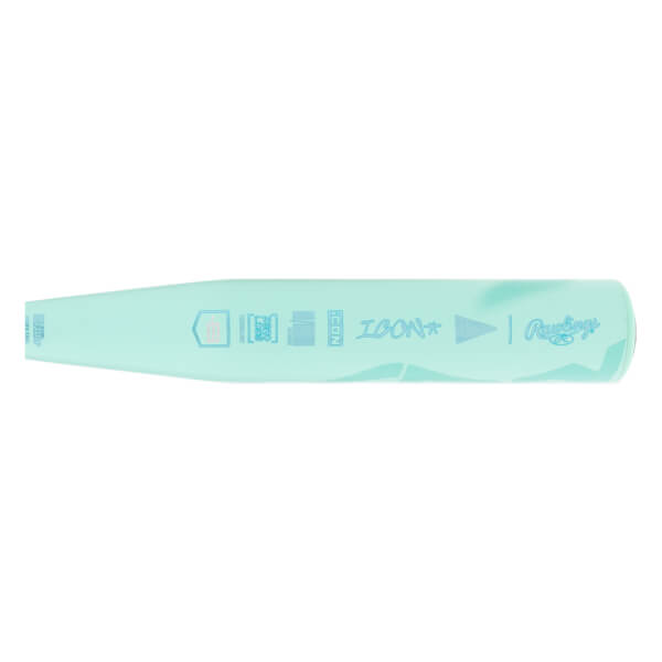Side view of a mint green baseball bat with ICON text, Rawlings logo, and various graphic symbols.