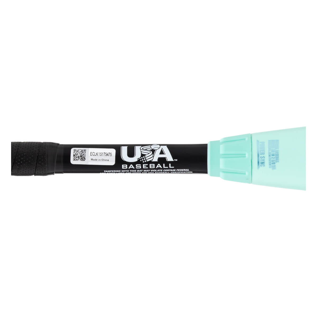 Close-up side view of a black baseball bat handle with a textured grip, USA Baseball logo, and mint green taper.