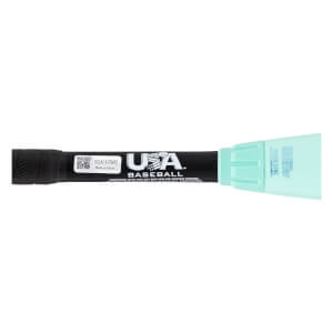 Close-up side view of a black baseball bat handle with a textured grip, USA Baseball logo, and mint green taper.