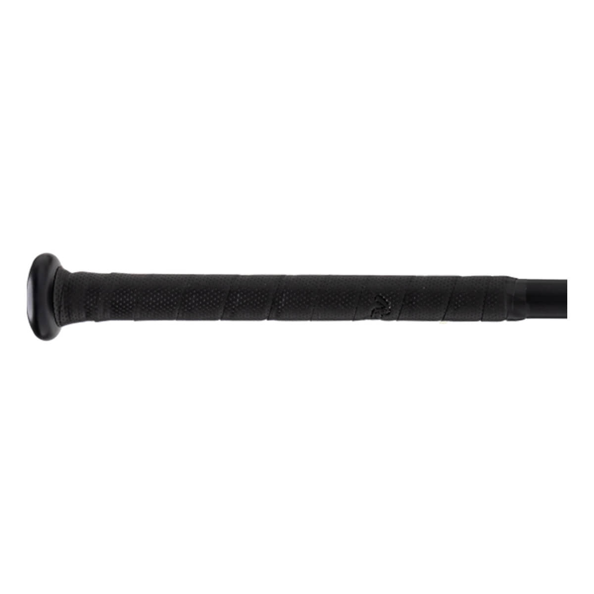 Close-up side view of a black baseball bat handle with textured grip tape, a black knob, and an embossed Rawlings logo.